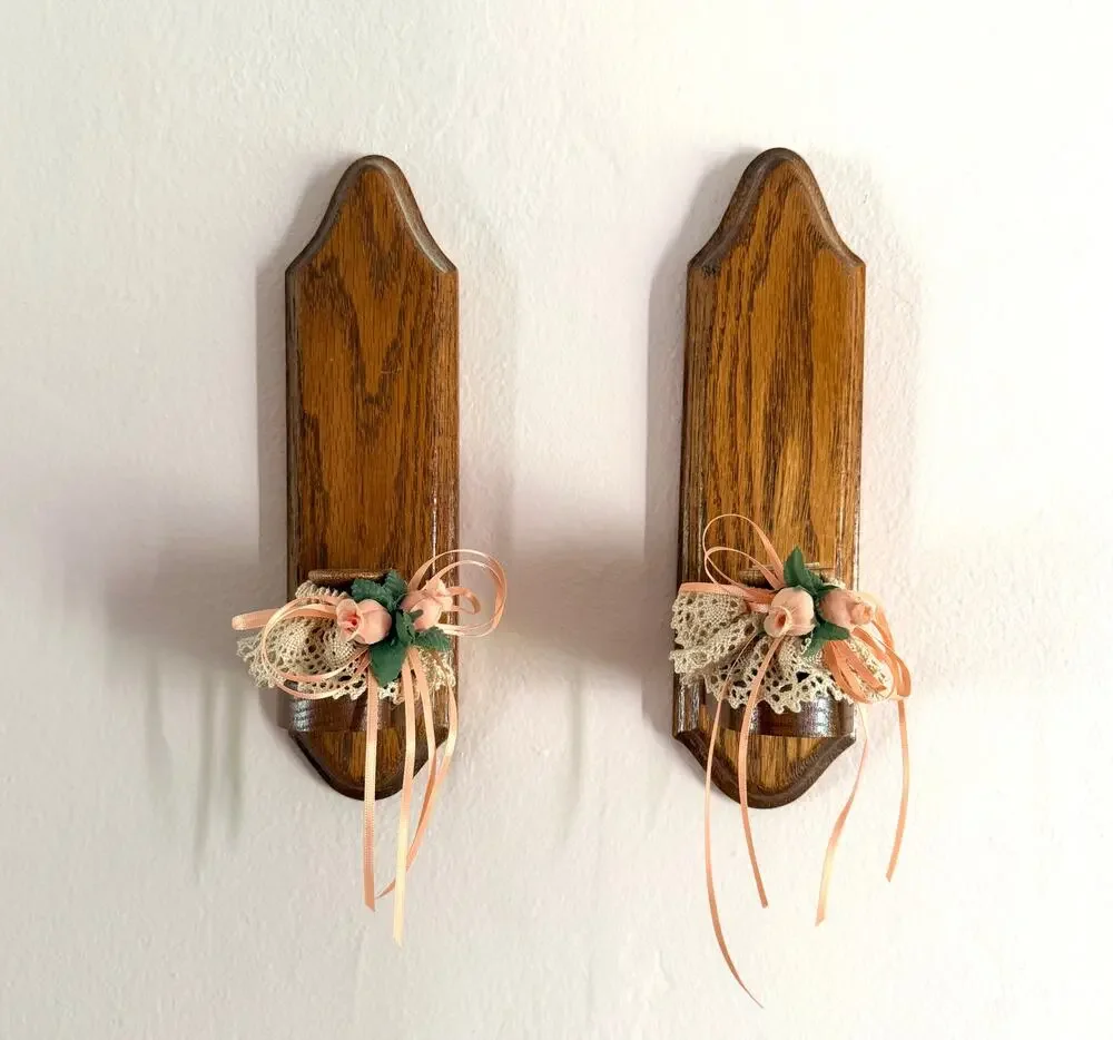 Pair Vintage Oak Wall Candle Sconces Lace Peach Silk Roses Cottage Country